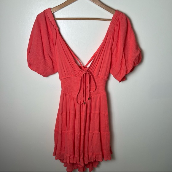 Free People Dresses & Skirts - Free People Perfect Day V Neck Smocked Mini Dress Balloon Sleeve XS Watermelon